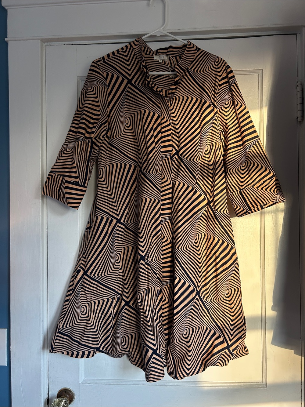 Zuri Kenya Geometric Print A-Line Dress in Beige and Black